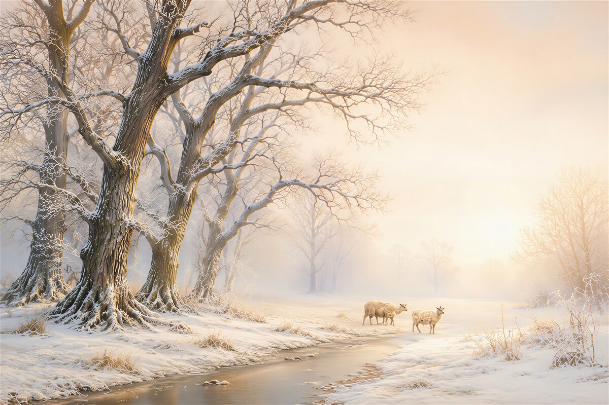 Papier peint forêt d'hiver avec ruisseau et moutons en beiges clairs