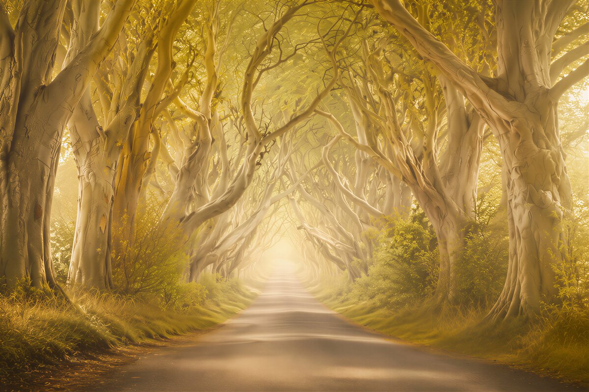 Papier peint allée forestière d'arbres dans la lumière dorée paysage féerique