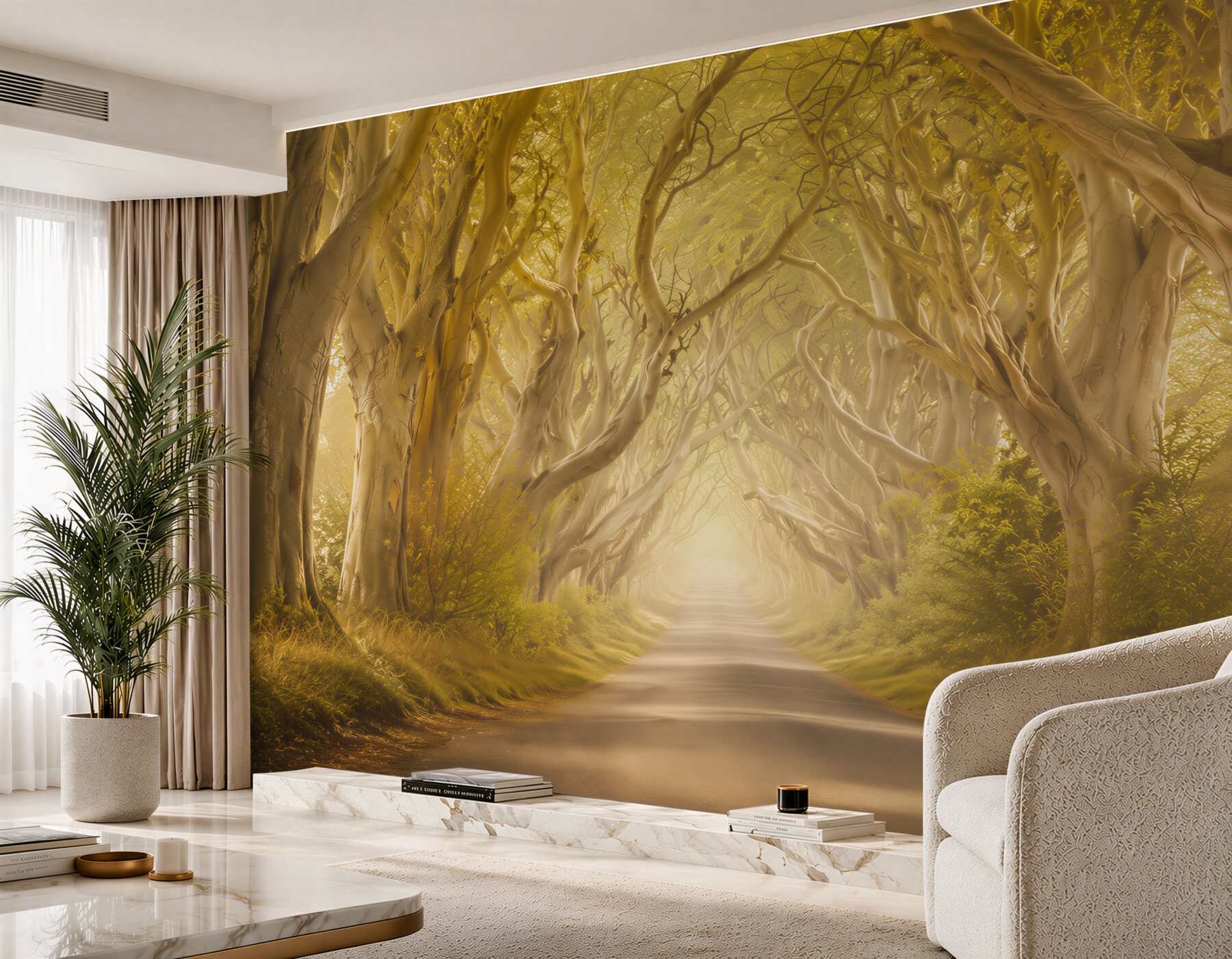 Papier peint allée forestière d'arbres dans la lumière dorée paysage féerique
