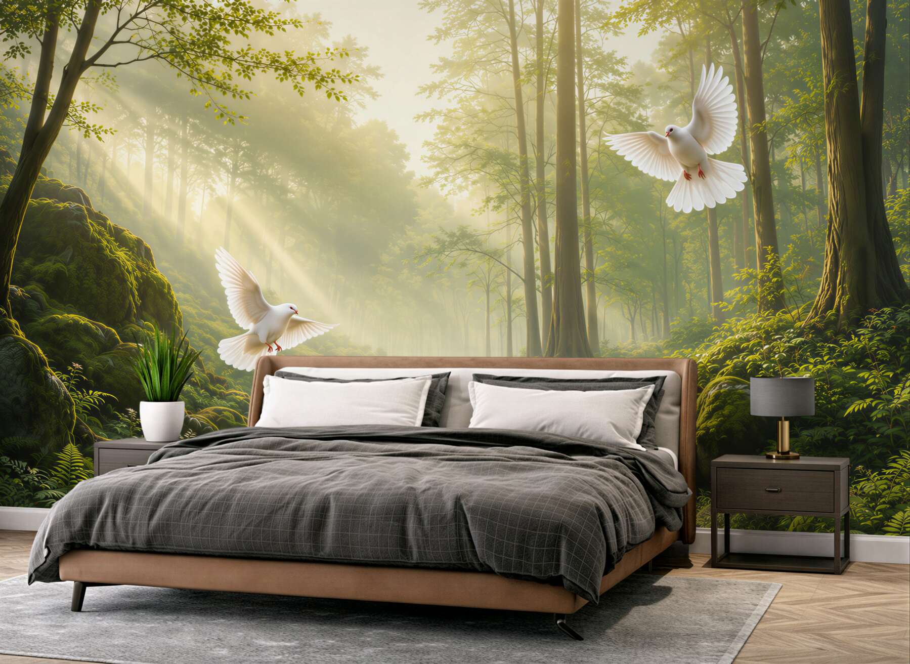 Papier peint ruisseau forestier avec colombes blanches et rayons de soleil