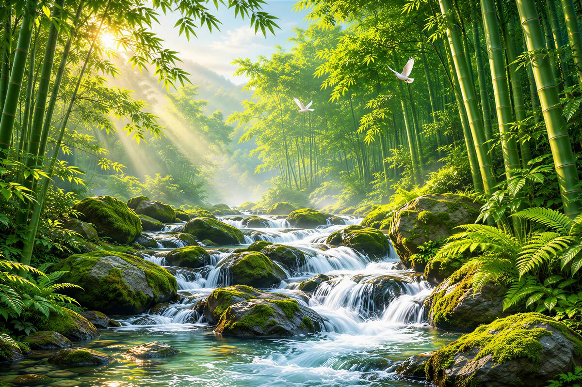 Papier peint forêt de bambous avec ruisseau de montagne et rayons de soleil