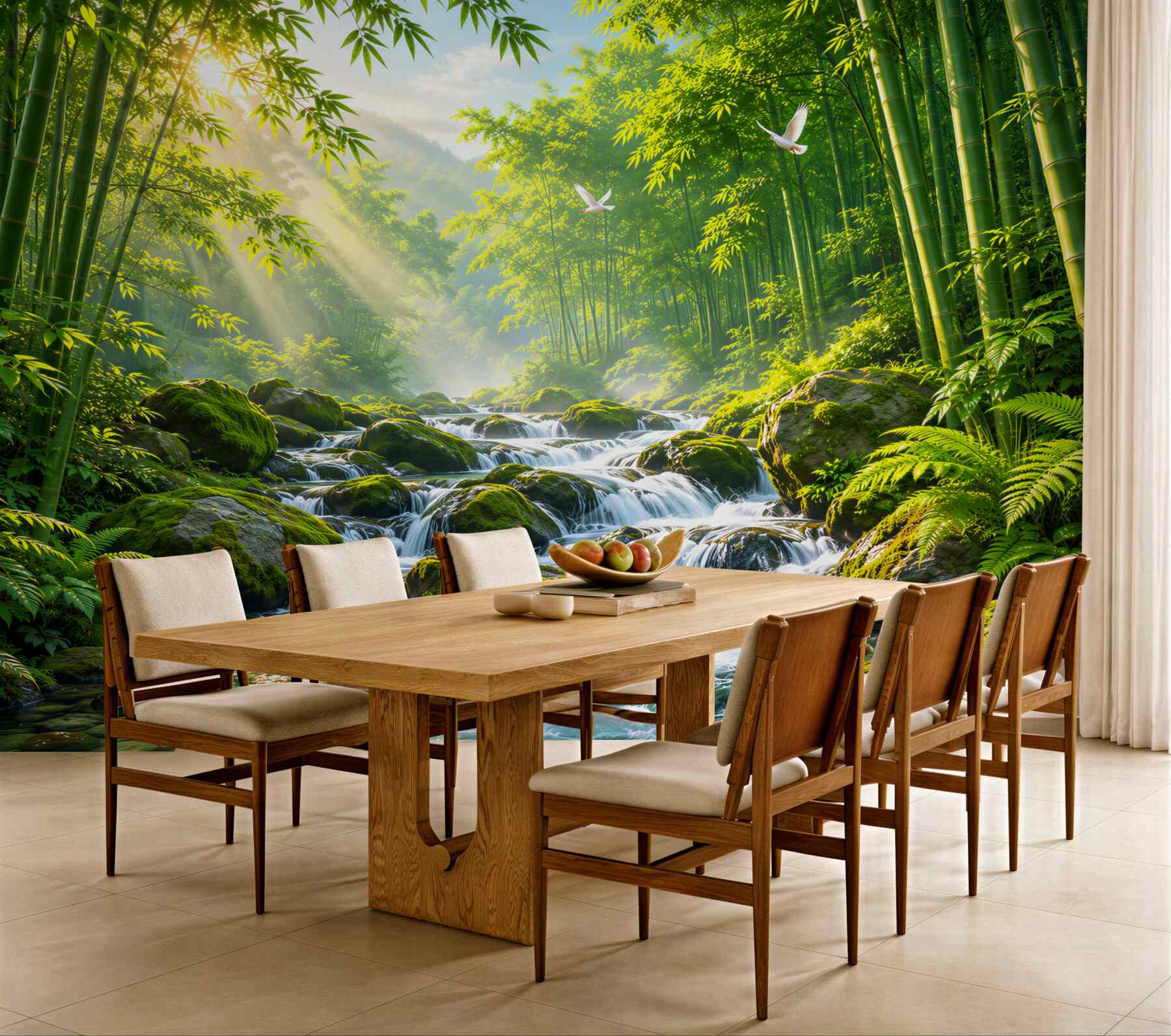 Papier peint forêt de bambous avec ruisseau de montagne et rayons de soleil