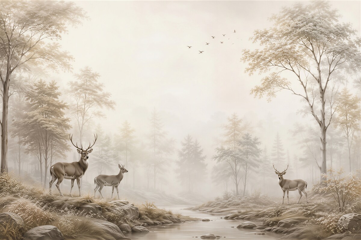 Papier peint cerfs au-dessus d'un ruisseau forestier dans le brouillard beige paisible
