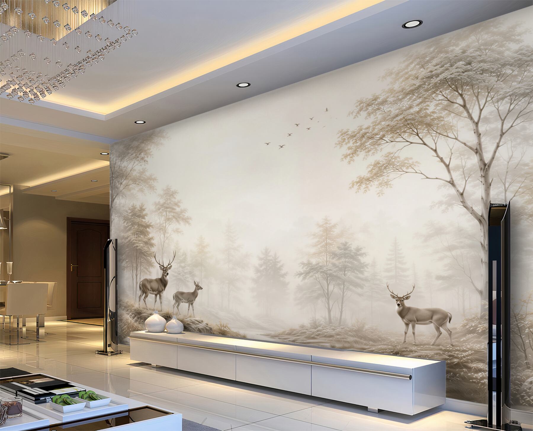 Papier peint cerfs au-dessus d'un ruisseau forestier dans le brouillard beige paisible