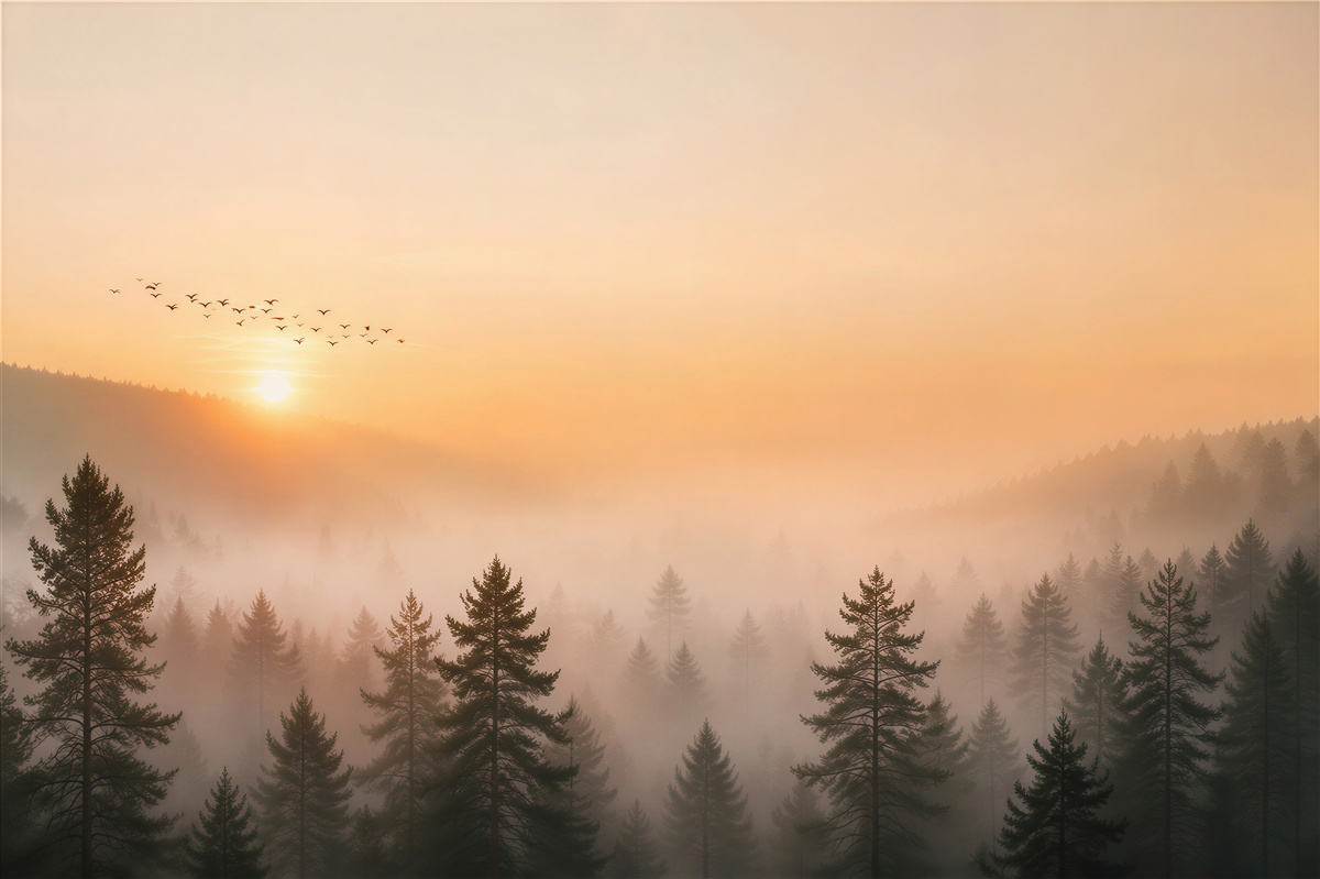 Papier peint forêt de conifères dans le brouillard au lever du soleil en couleurs chaudes