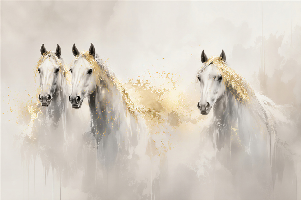 Papier peint chevaux blancs en aquarelle beige et dorée élégante