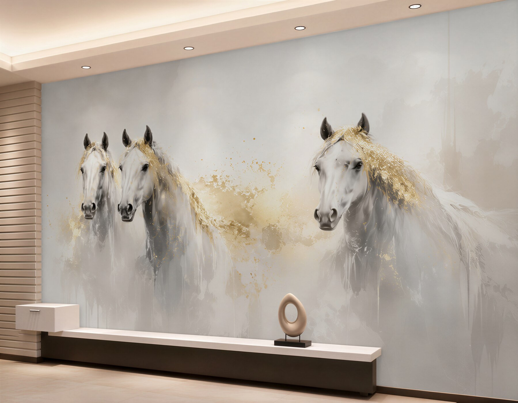 Papier peint chevaux blancs en aquarelle beige et dorée élégante