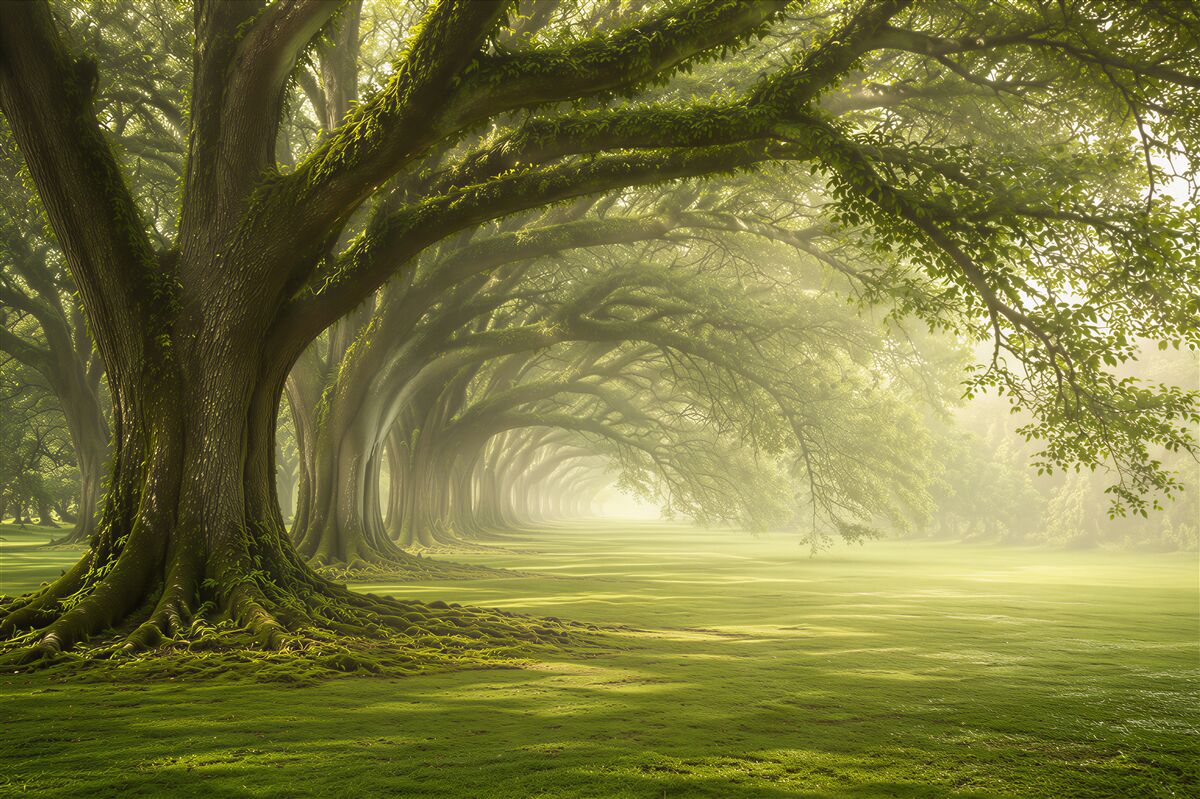 Papier peint allée d'arbres anciens avec un couvert vert paysage féerique