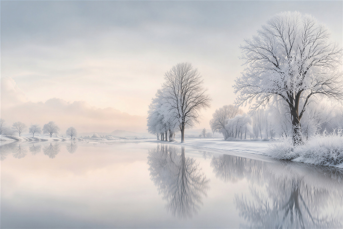 Papier peint paysage d'hiver avec des arbres enneigés au bord d'un lac paisible