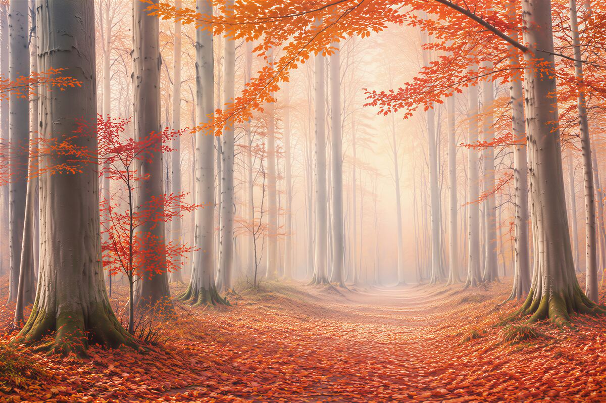 Papier peint forêt d'automne avec des feuilles orange et un chemin forestier