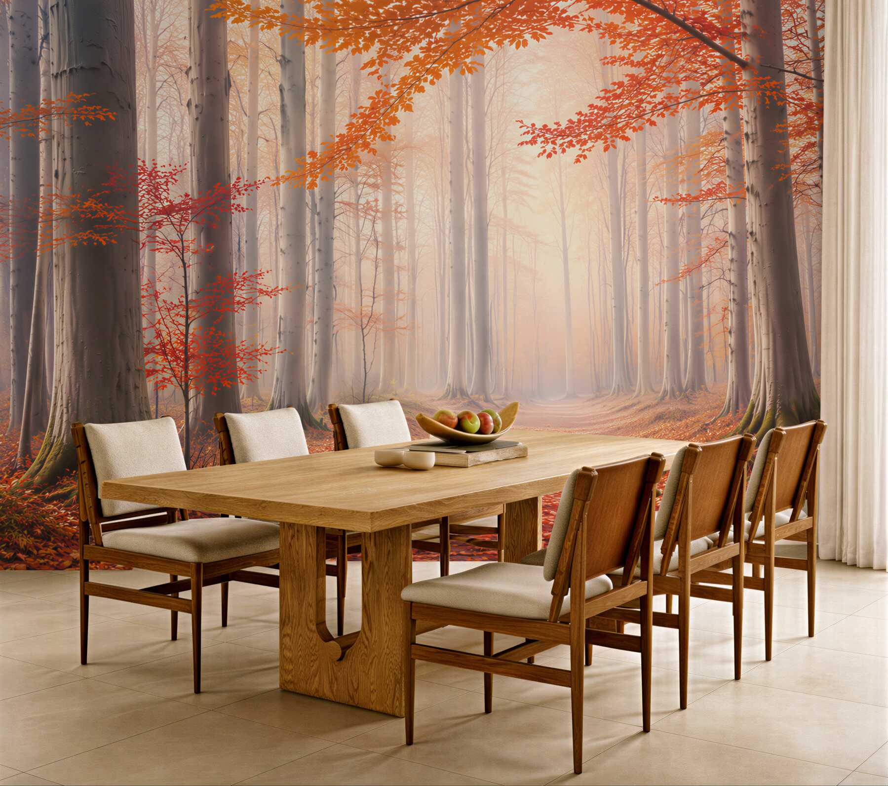 Papier peint forêt d'automne avec des feuilles orange et un chemin forestier