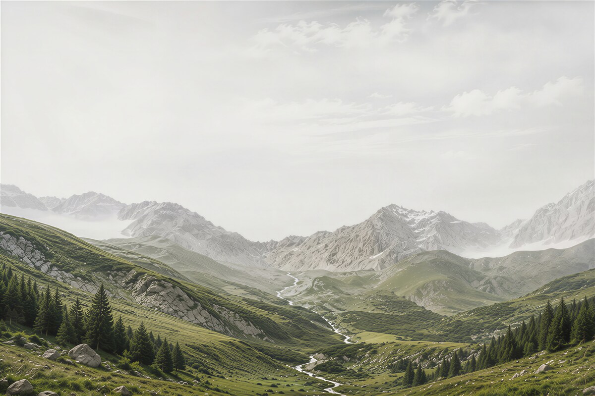 Papier peint vallée de montagne avec ruisseau et sommets dans des couleurs naturelles claires