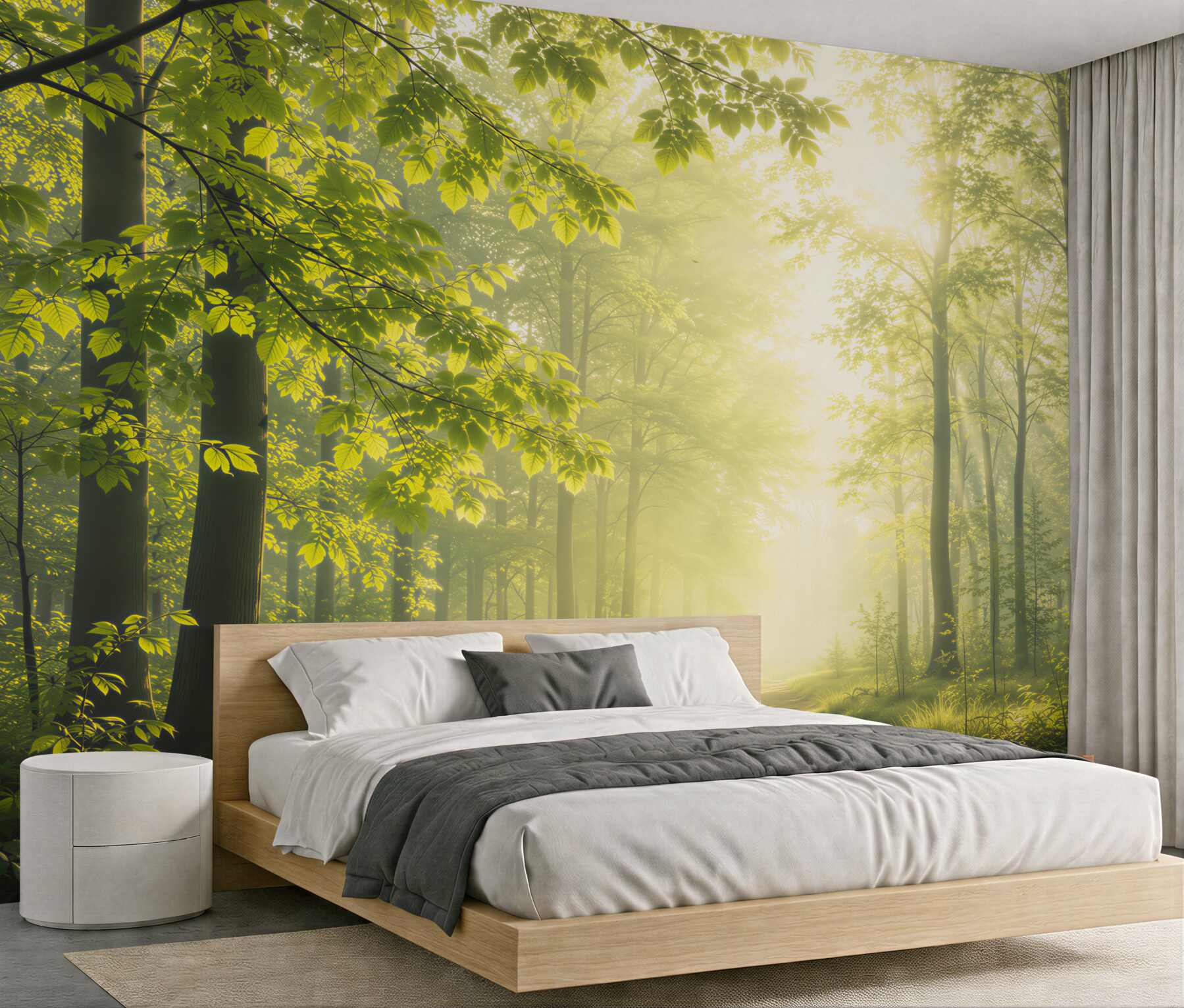 Papier peint forêt ensoleillée avec chemin forestier dans des couleurs naturelles vertes