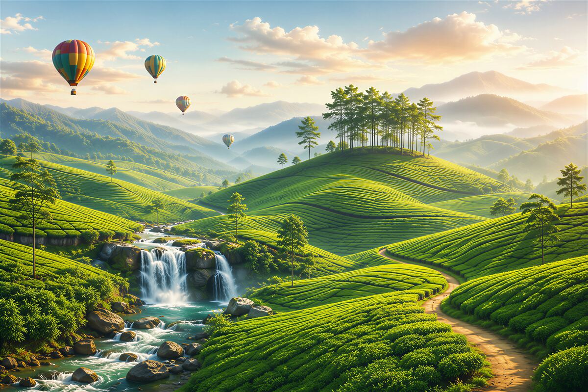 Papier peint collines vertes avec cascade et ballons au lever du soleil