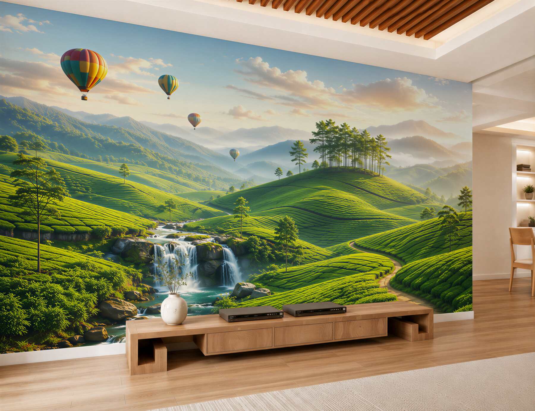 Papier peint collines vertes avec cascade et ballons au lever du soleil