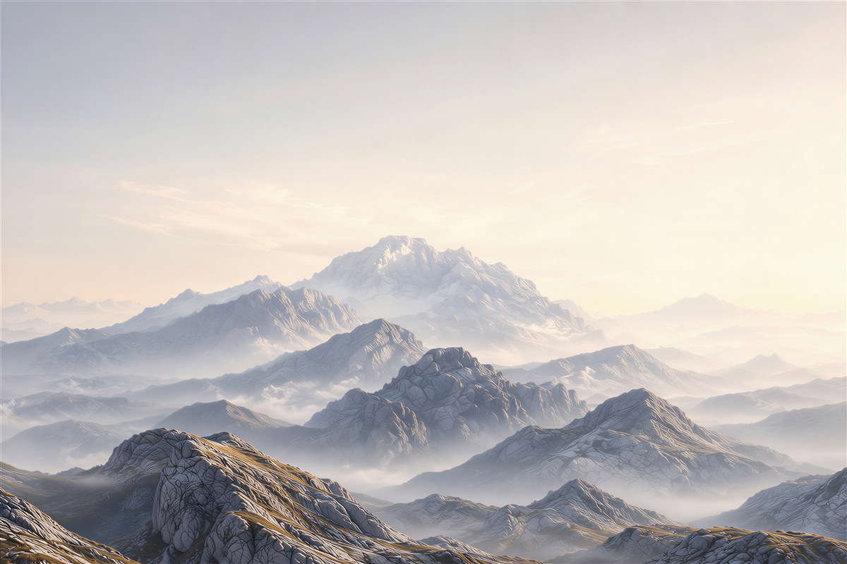 Papier peint paysage de montagne dans la brume dans des tons beige-gris clairs