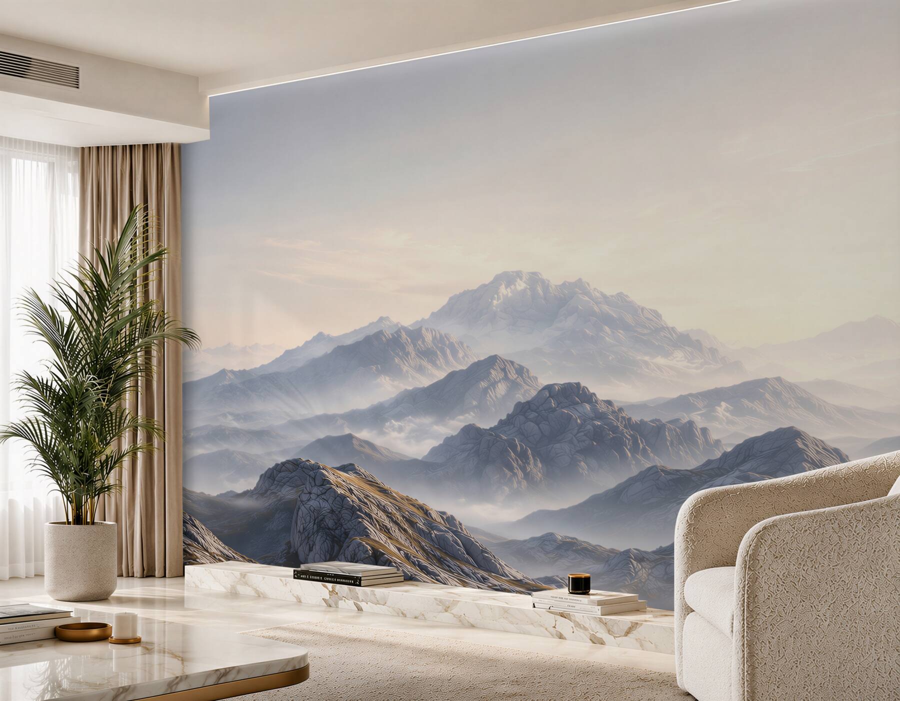 Papier peint paysage de montagne dans la brume dans des tons beige-gris clairs