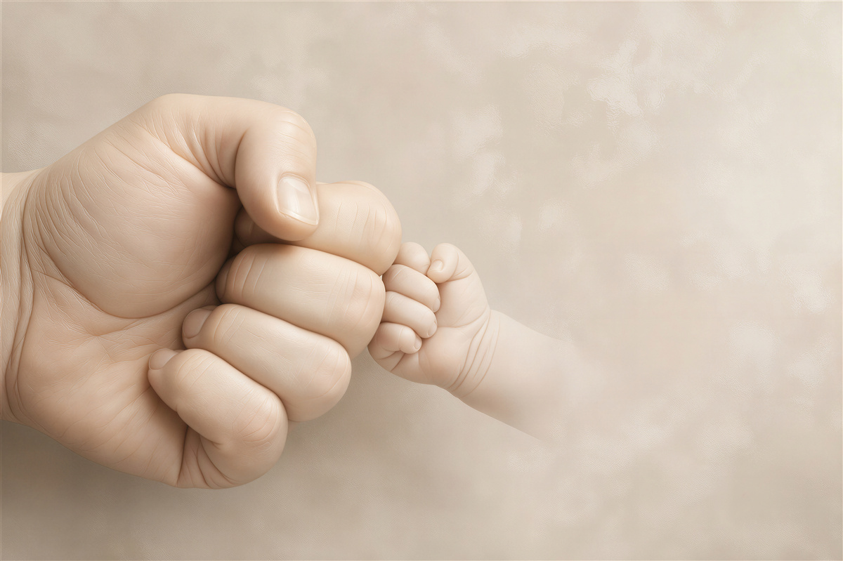 Papier peint main de bébé tenant le doigt d'un parent dans des beiges délicats