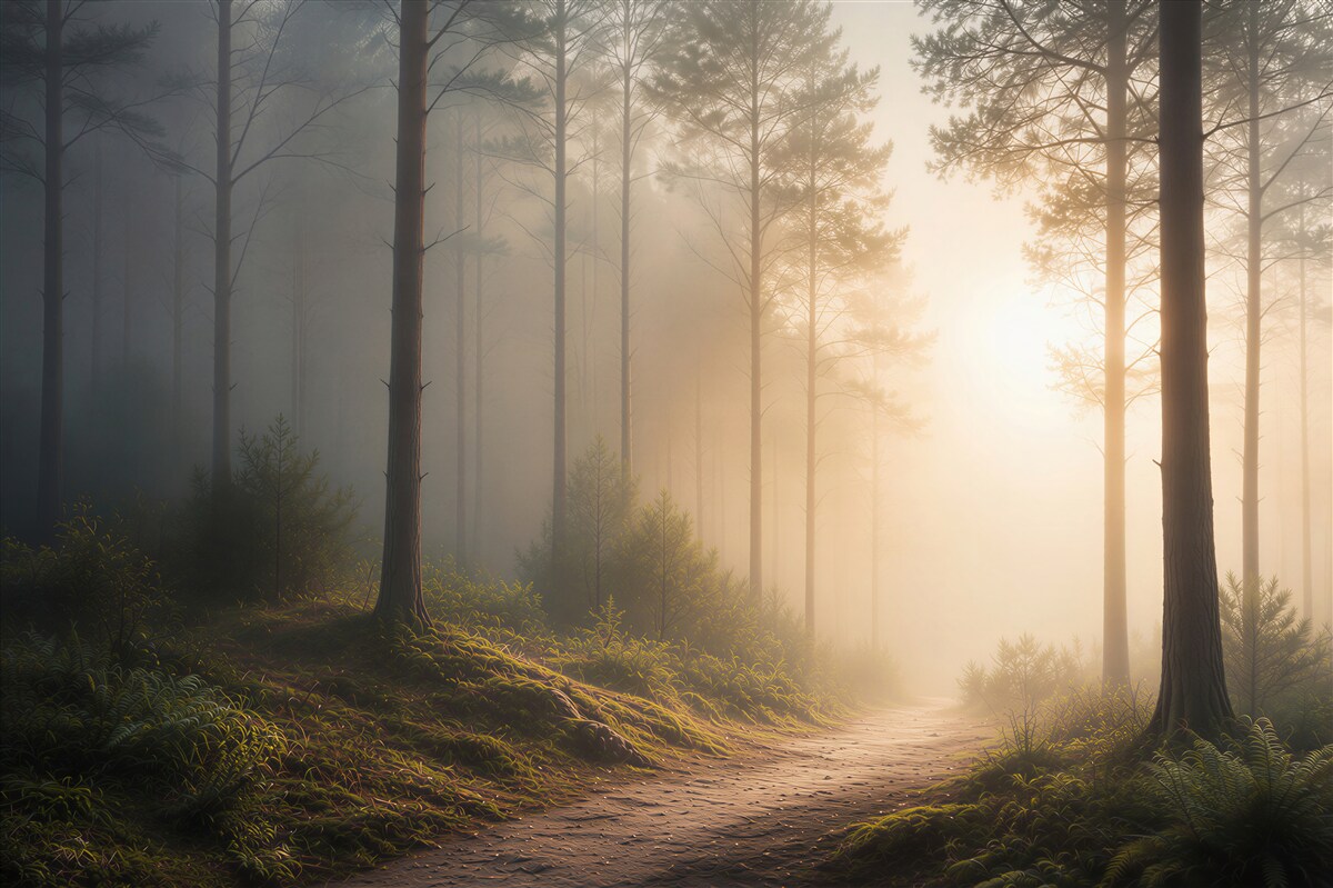Papier peint chemin forestier dans la brume avec des rayons de soleil
