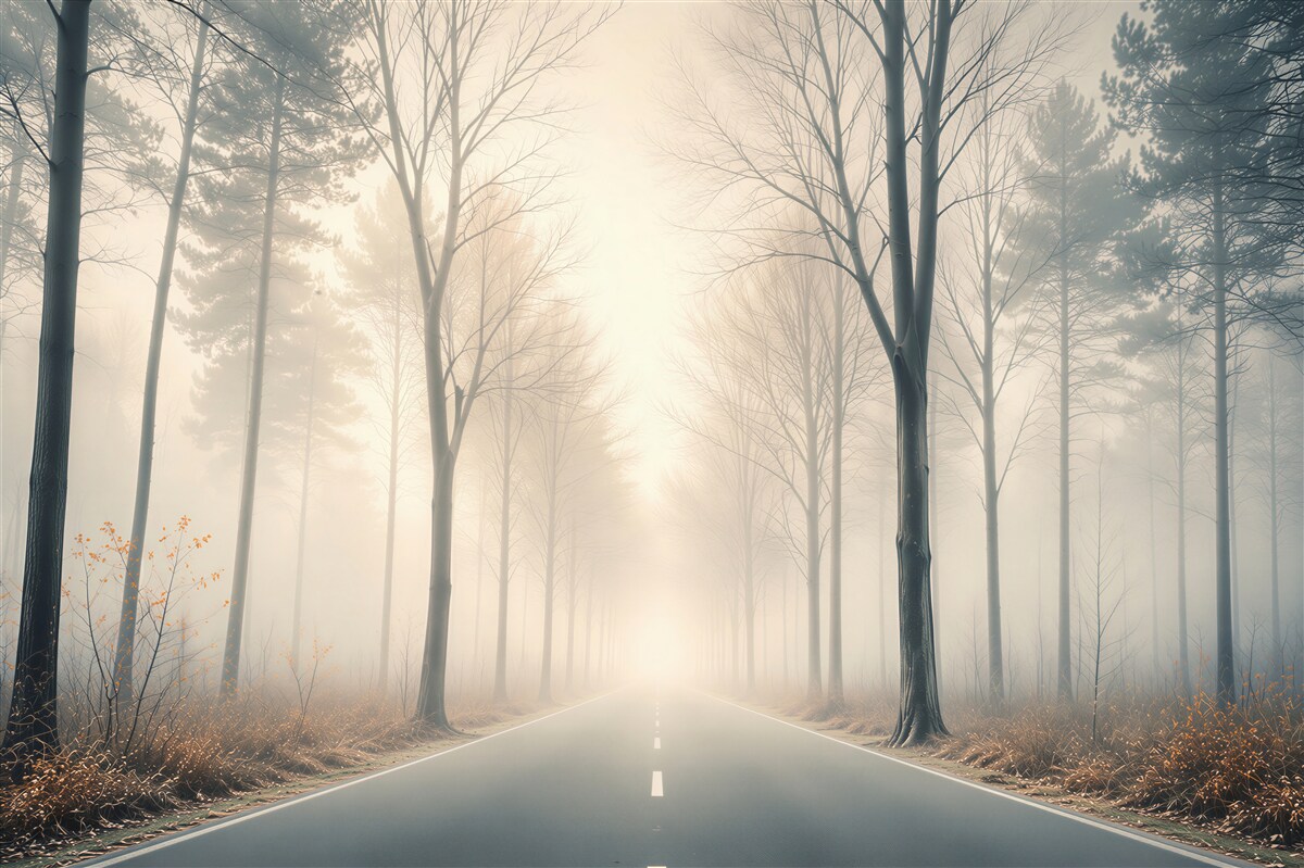 Papier peint route dans la brume dans une forêt paisible à l'aube