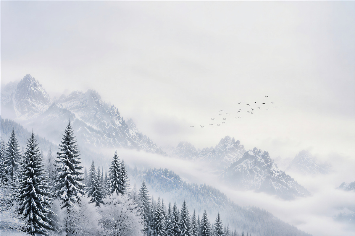Papier peint montagnes enneigées et forêt de sapins dans la brume paysage hivernal