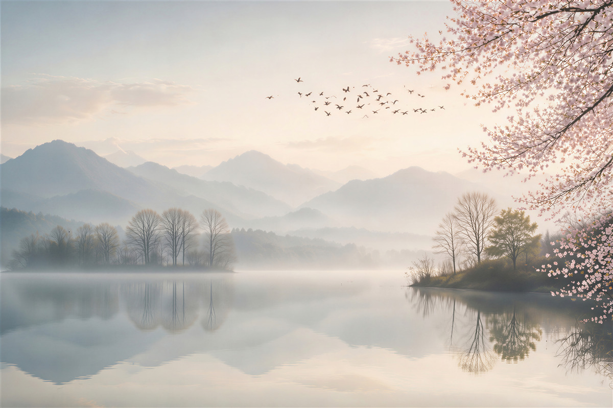Papier peint lac avec montagnes et cerisier en fleurs au matin