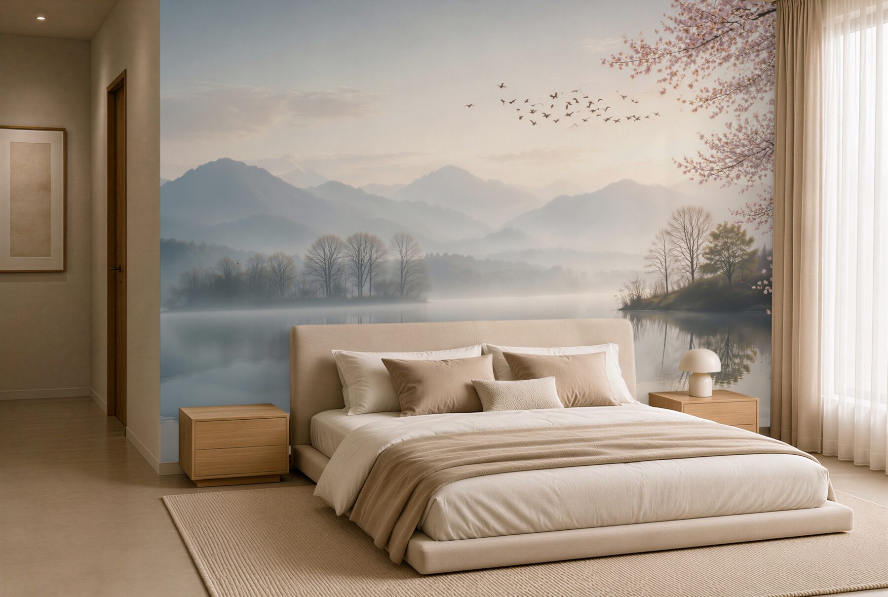 Papier peint lac avec montagnes et cerisier en fleurs au matin