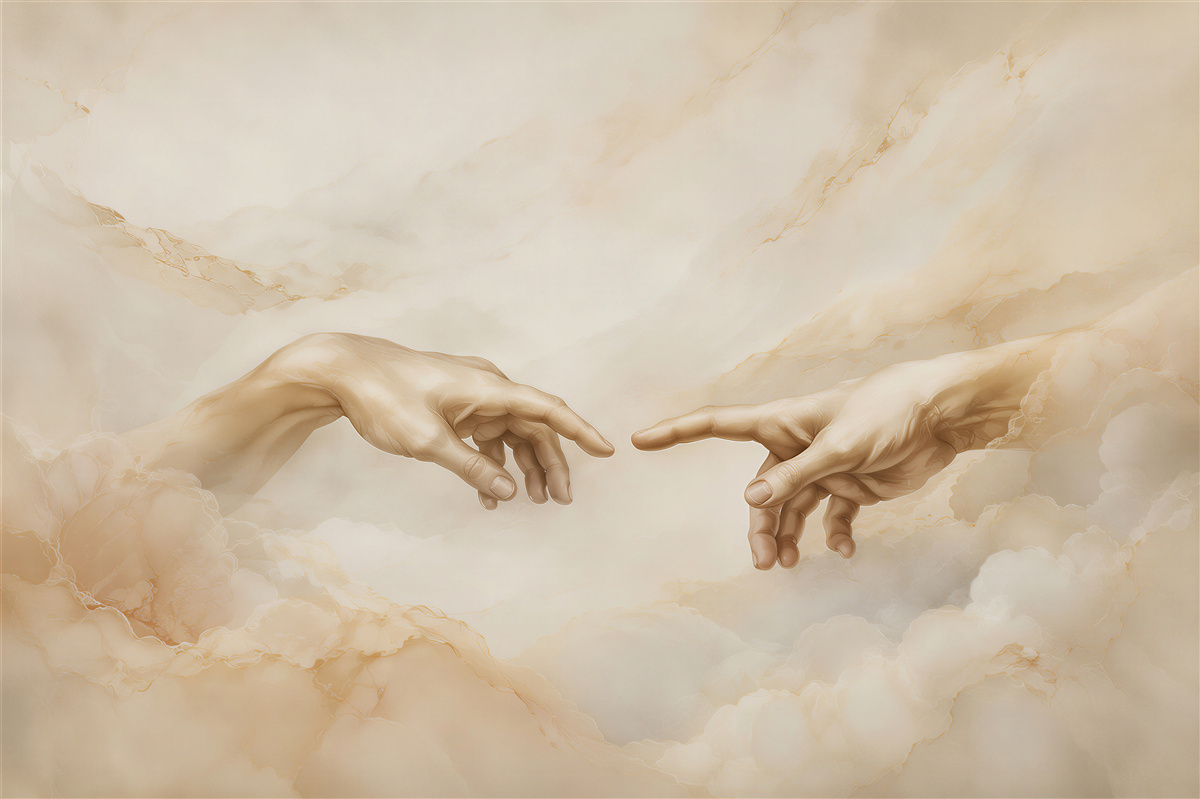 Papier peint mains dans les nuages beiges inspirées d'une fresque classique