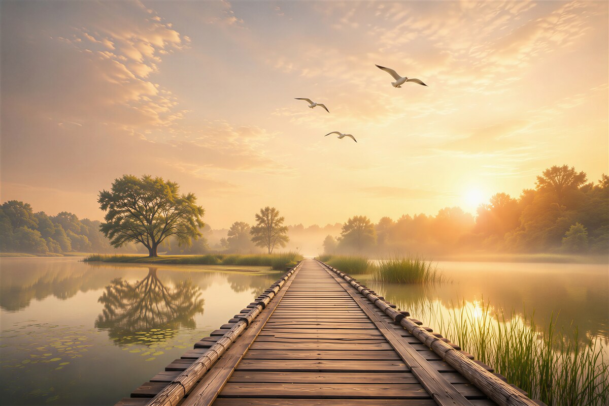Papier peint pont sur le lac au lever du soleil paysage paisible