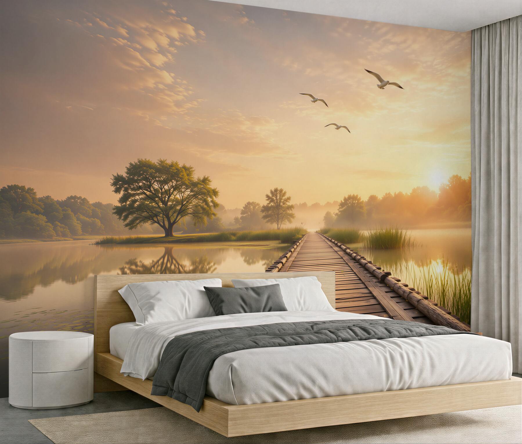 Papier peint pont sur le lac au lever du soleil paysage paisible