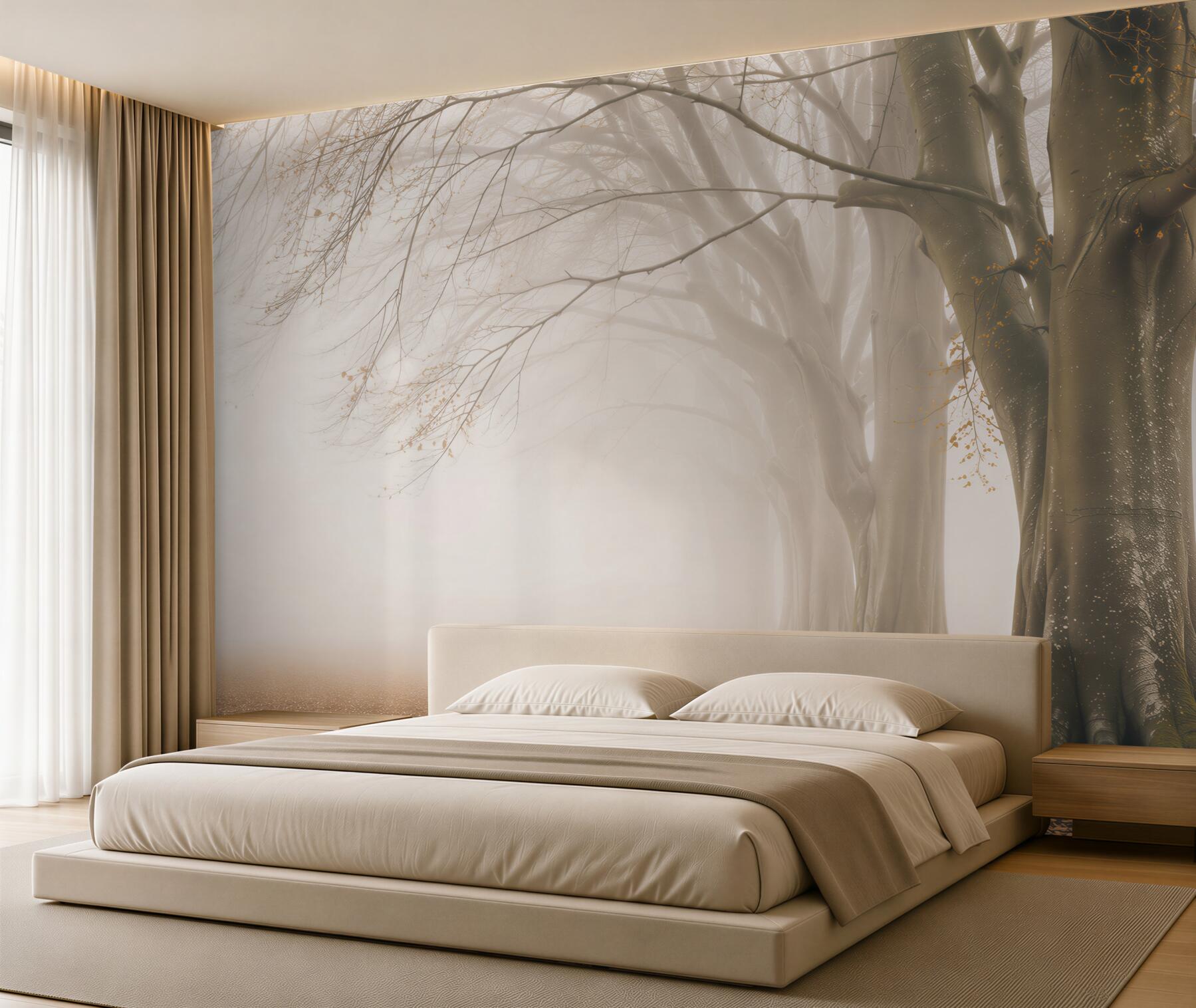 Papier peint allée d'arbres dans la brume paysage forestier beige pour le salon