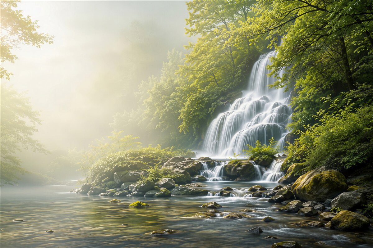 Papier peint cascade dans la forêt verte avec rayons de soleil relaxant