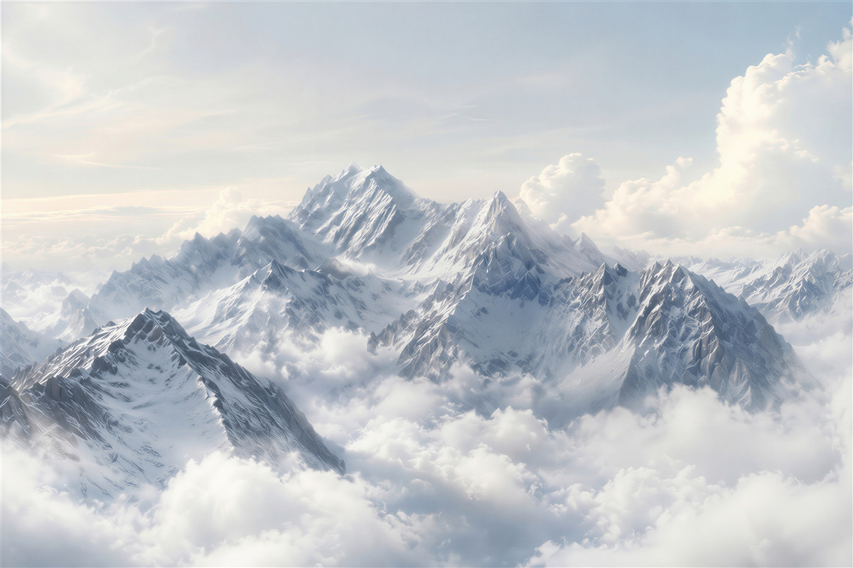 Papier peint montagnes enneigées au-dessus des nuages clair pour un salon moderne
