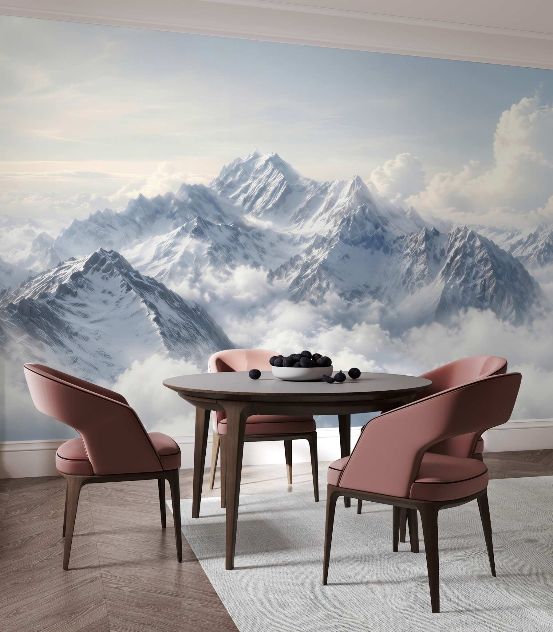 Papier peint montagnes enneigées au-dessus des nuages clair pour un salon moderne