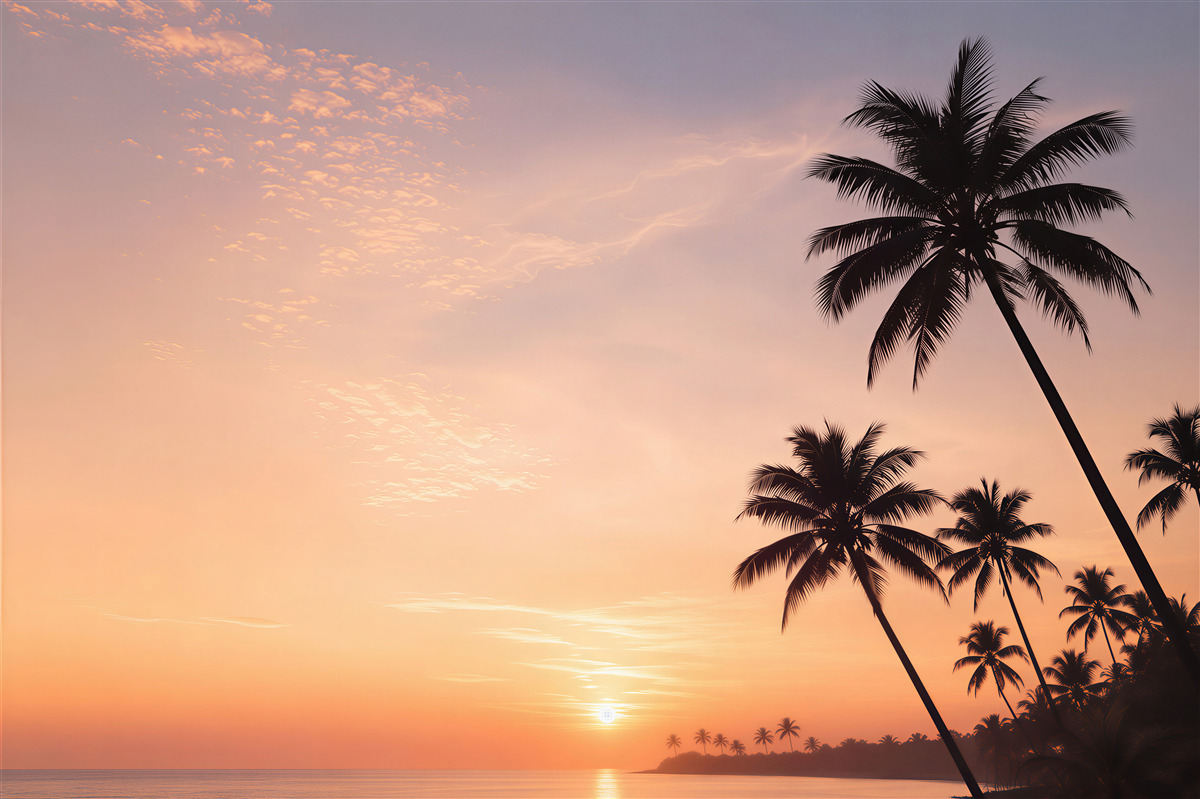 Papier peint palmiers au coucher de soleil au bord de la mer paysage tropical