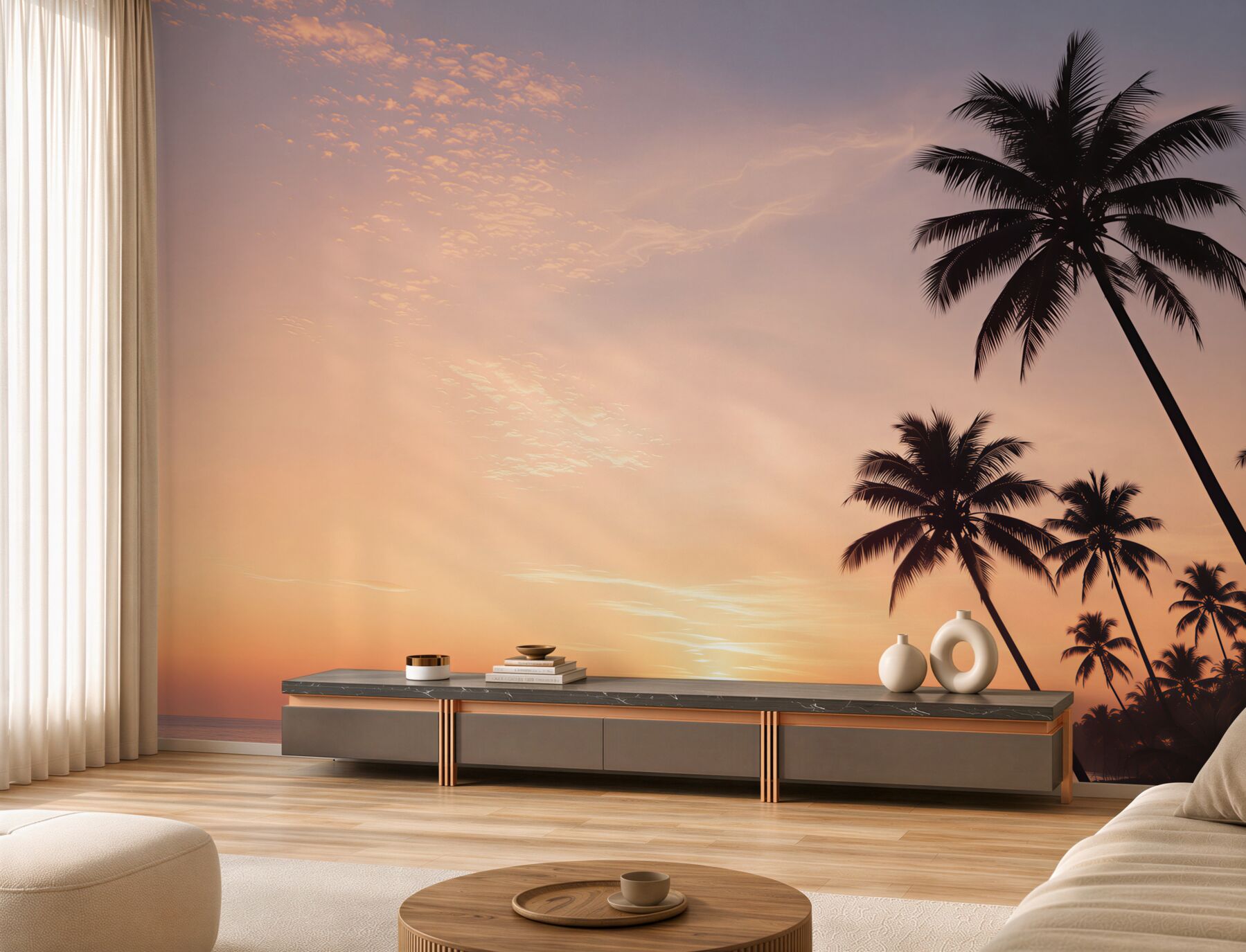 Papier peint palmiers au coucher de soleil au bord de la mer paysage tropical