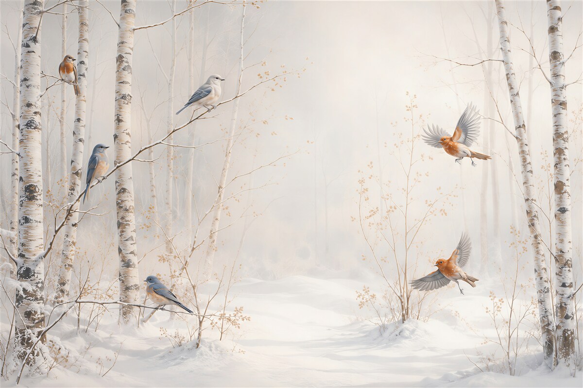 Papier peint forêt de bouleaux en hiver avec des oiseaux dans des couleurs claires délicates