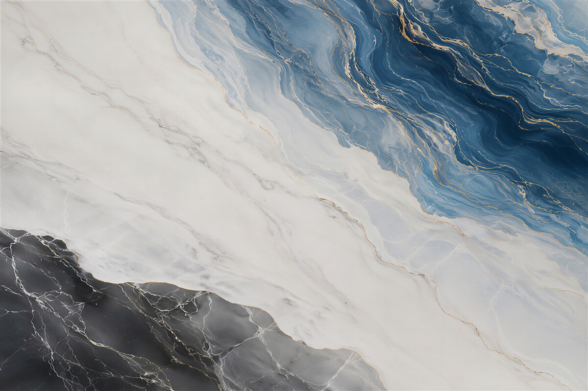 Papier peint marbre blanc bleu avec des veines dorées abstraction moderne