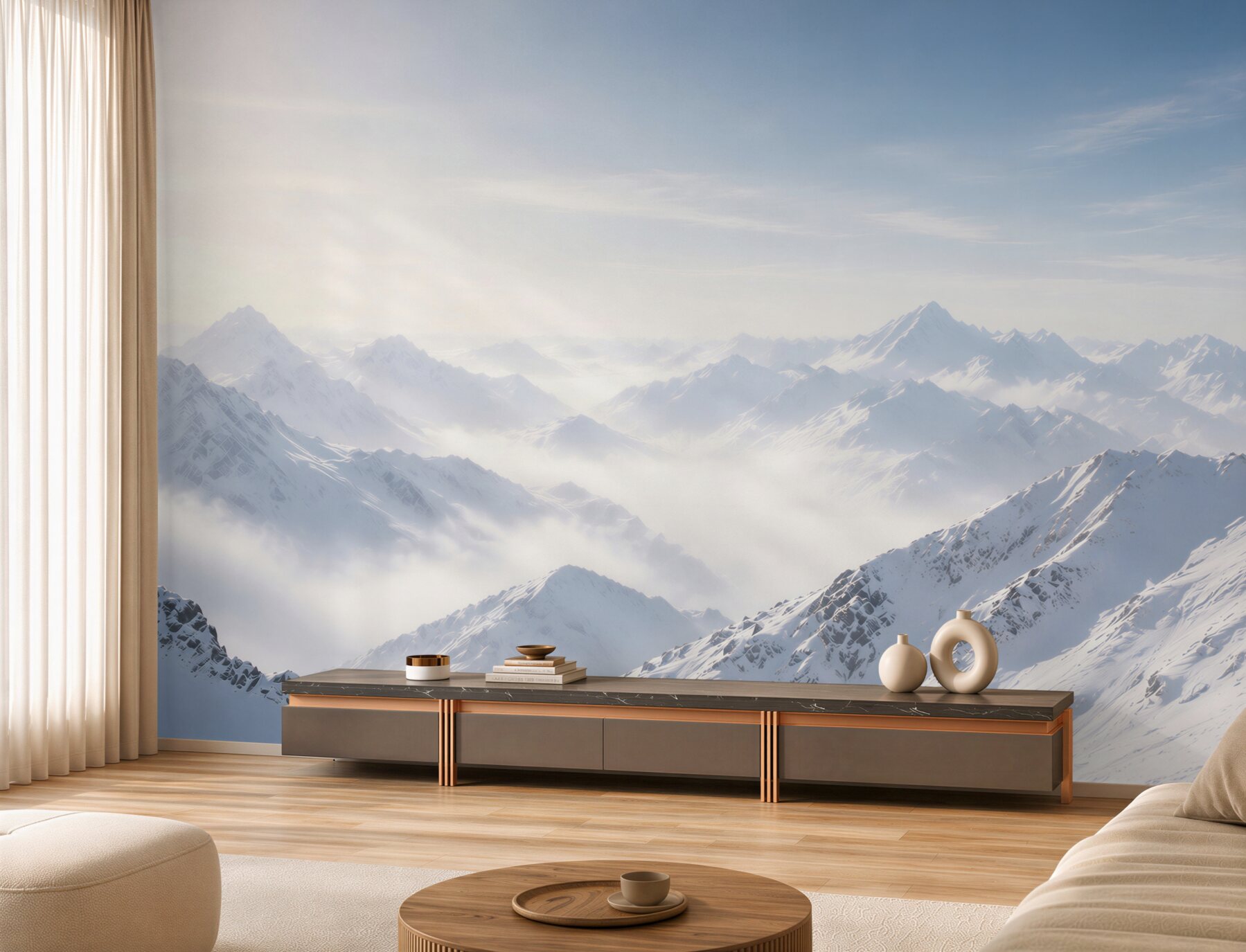 Papier peint montagnes enneigées dans le brouillard paysage panoramique d'hiver