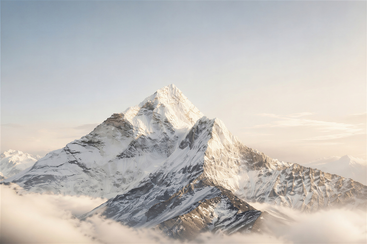 Papier peint sommet de montagne enneigé au-dessus des nuages dans la lumière dorée