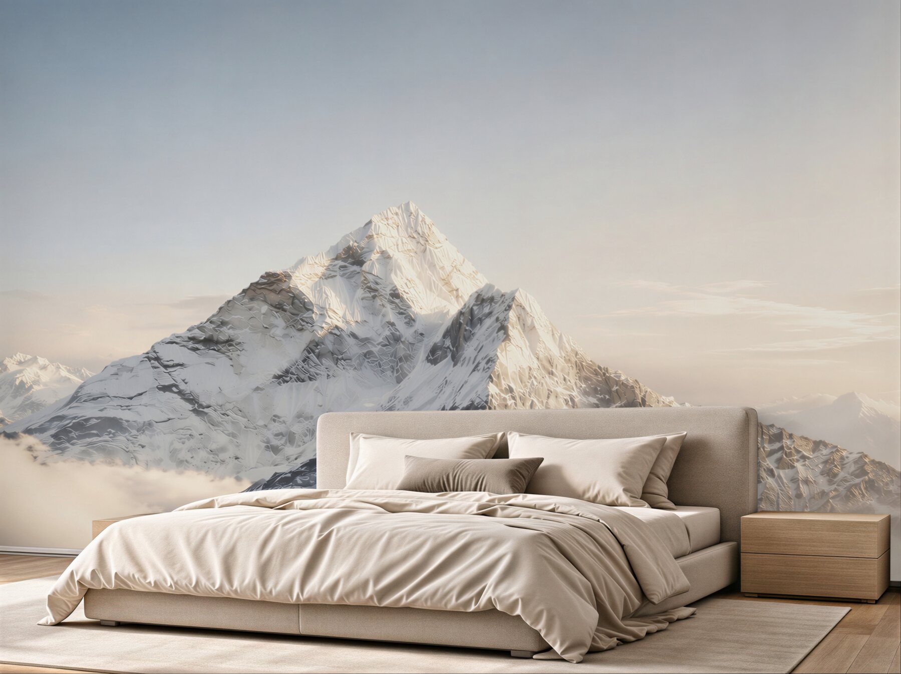 Papier peint sommet de montagne enneigé au-dessus des nuages dans la lumière dorée
