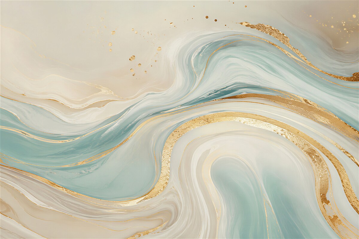 Papier peint vagues marbrées abstraites bleu beige avec accents dorés