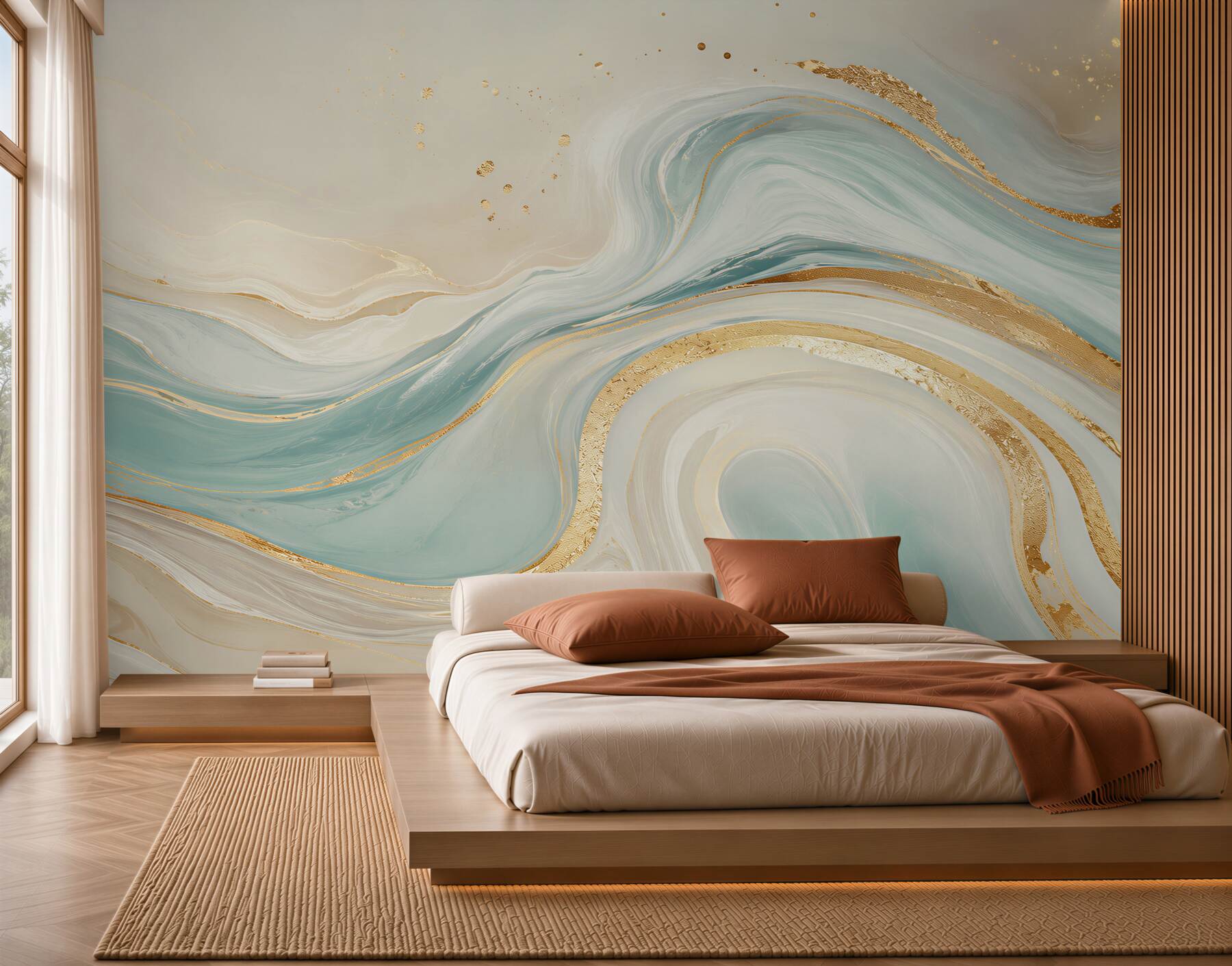 Papier peint vagues marbrées abstraites bleu beige avec accents dorés