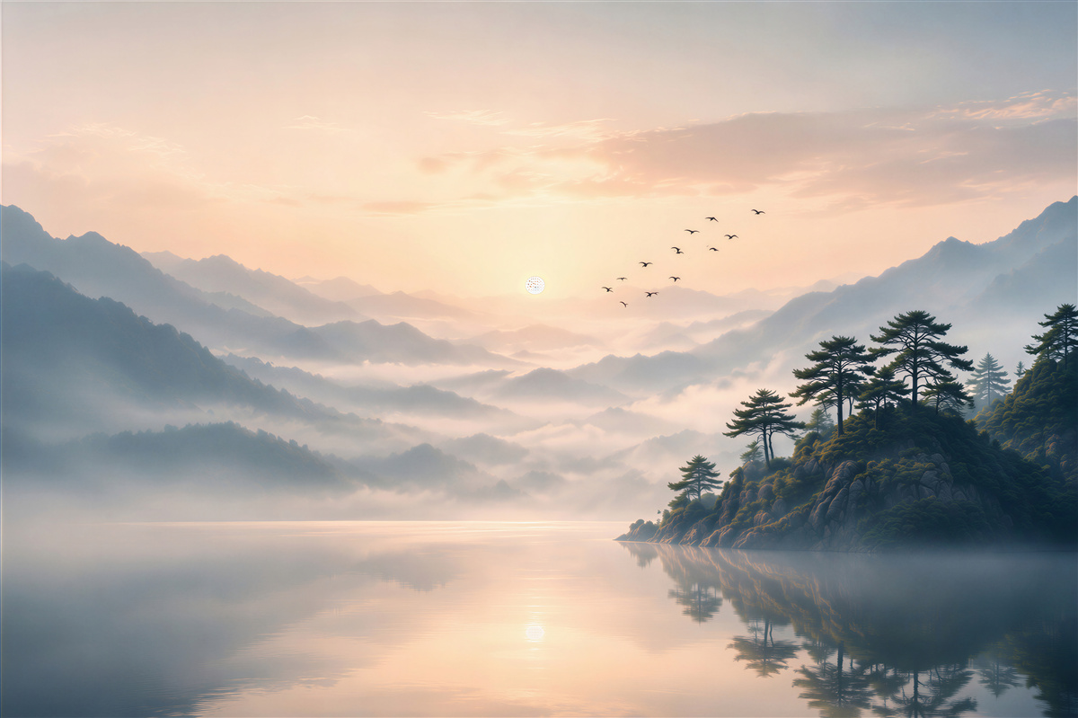 Papier peint lac au lever du soleil dans la brume avec des montagnes et des pins