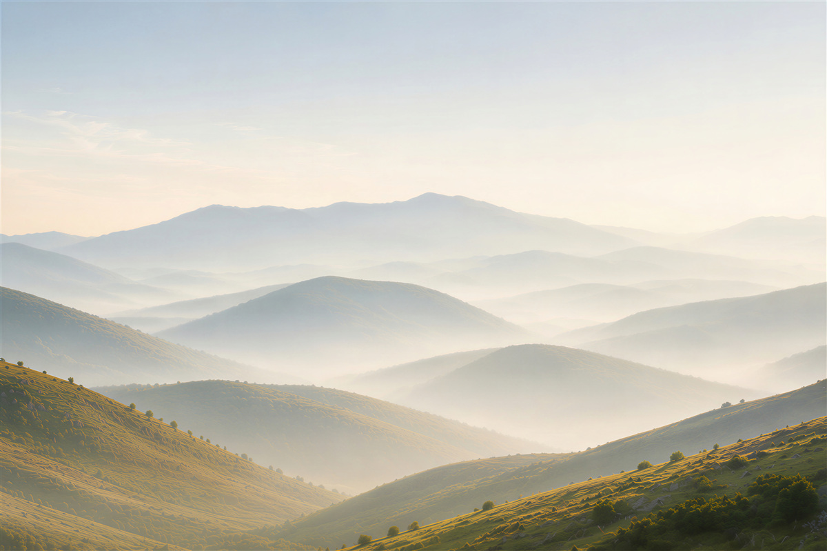 Papier peint collines montagneuses dans la brume du matin pour un intérieur paisible