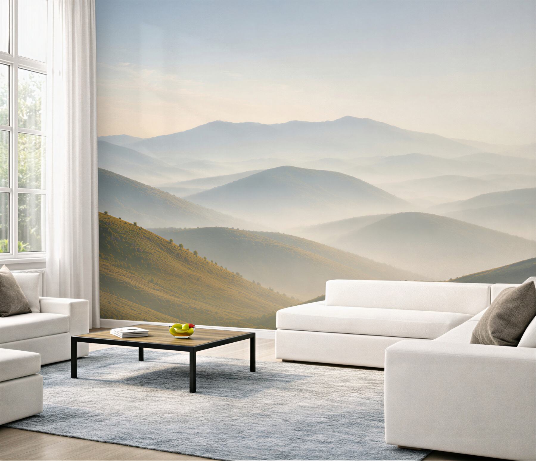 Papier peint collines montagneuses dans la brume du matin pour un intérieur paisible