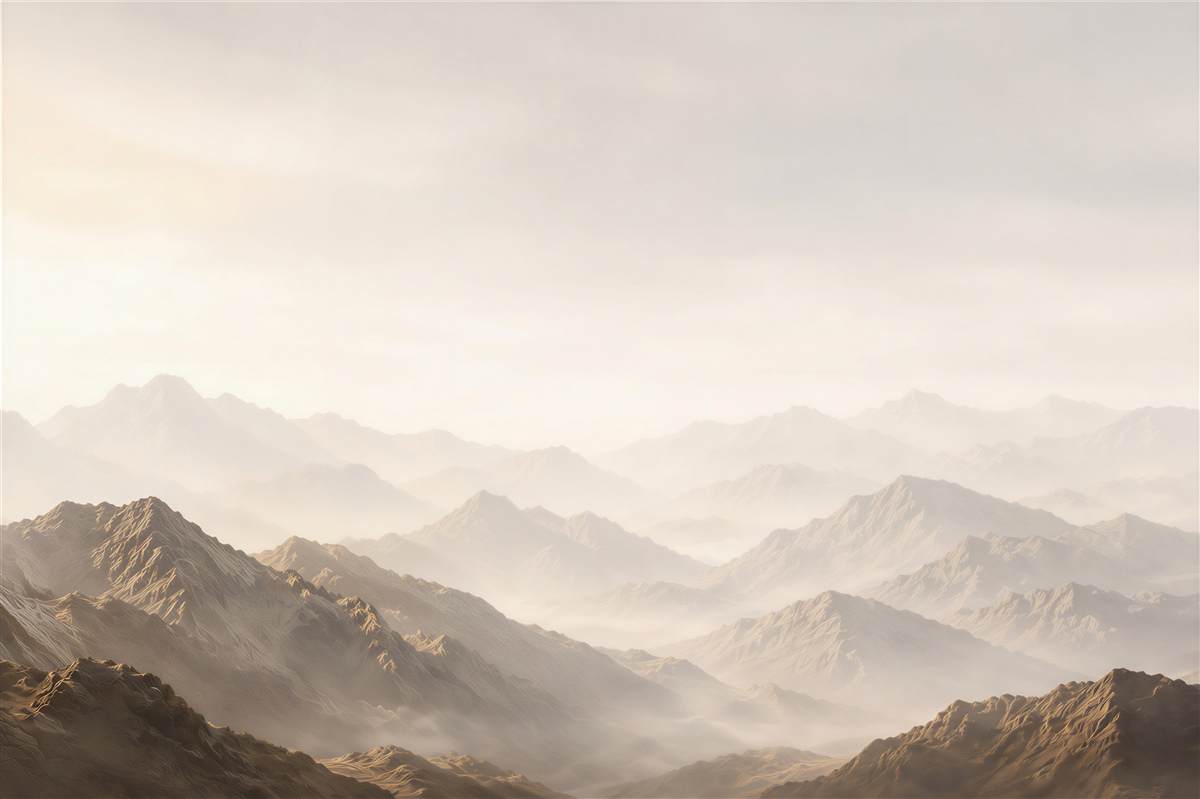 Papier peint montagnes dans la brume à l'aube en tons beiges