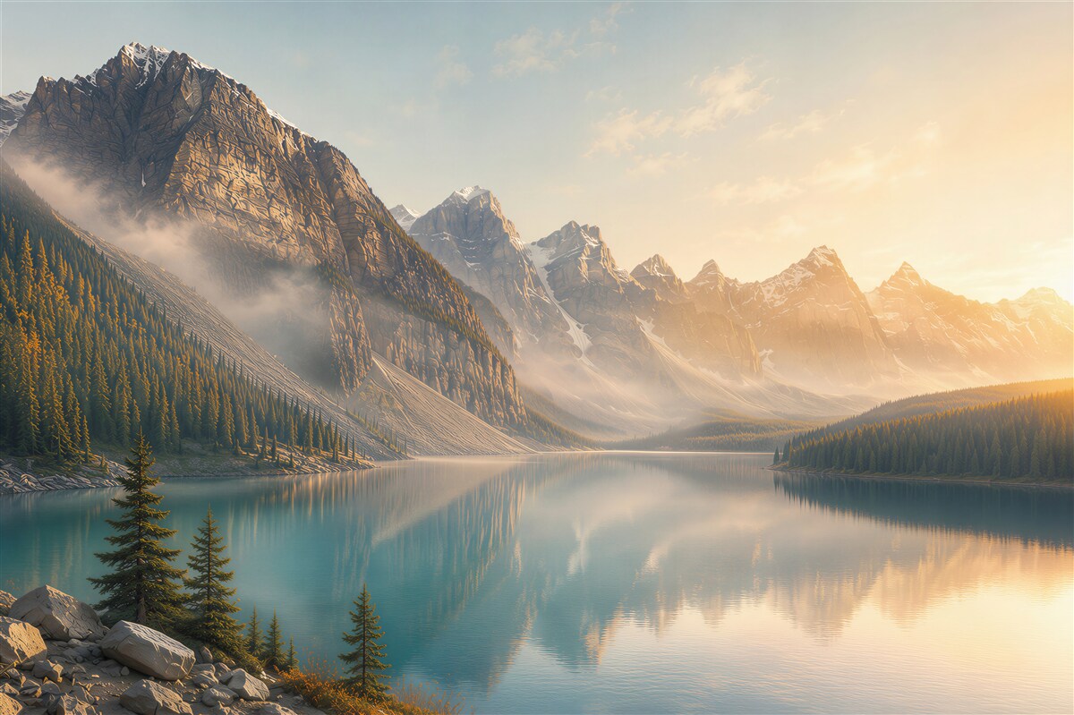 Papier peint lac de montagne avec forêt et sommets au lever du soleil