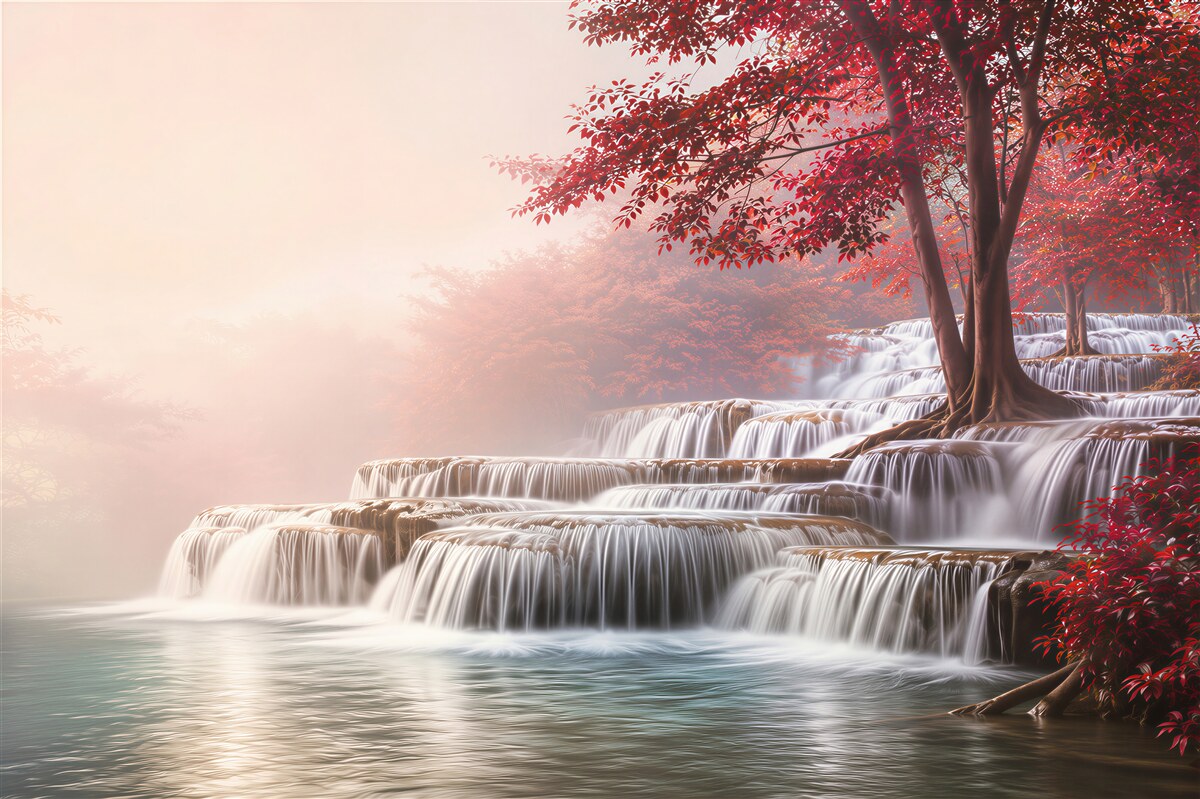 Papier peint cascade en cascade avec des arbres rouges dans le brouillard