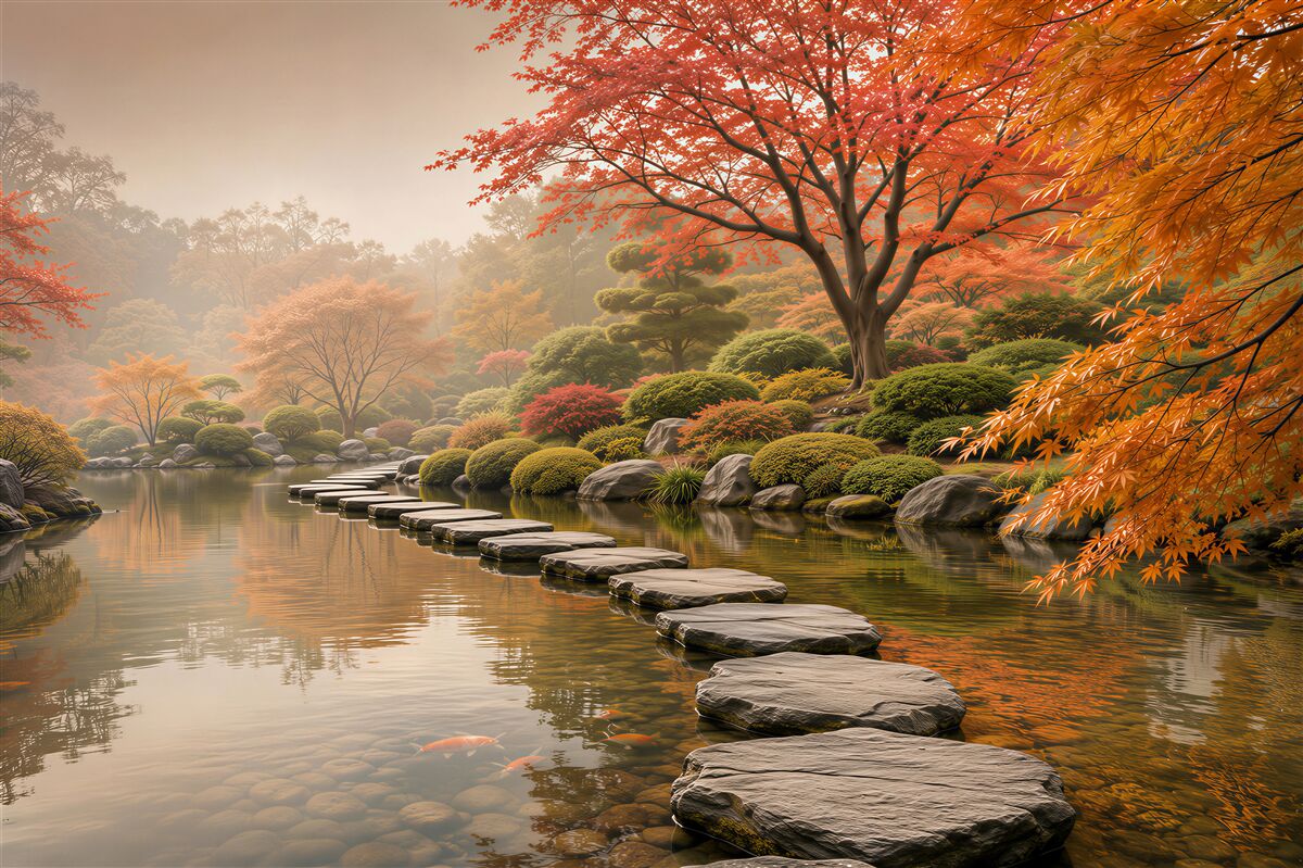Papier peint jardin japonais d'automne avec chemin en pierre au-dessus de l'étang